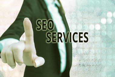SMS işareti Seo Hizmetlerini gösteriyor. Web sitesinin görünürlüğünü yükseltmek için teknik ve prosedürlerin kavramsal fotoğraf takımı.