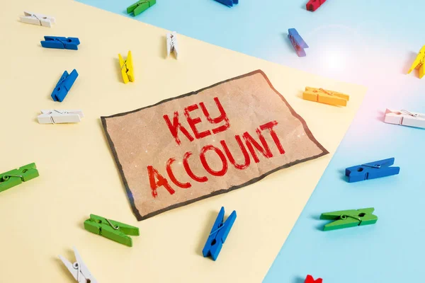 Handwriting text writing Key Account. Concept meaning individual approach of sales showing to their customers Colored clothespin paper empty reminder yellow blue floor background office.