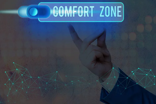 Conceptual hand writing showing Comfort Zone. Business photo text place or situation where one feels safe and without stress.