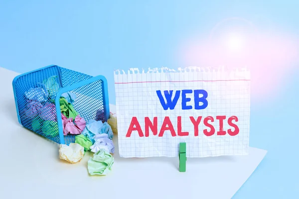 Handwriting text writing Web Analysis. Concept meaning process of analyzing the behavior of visitors to a web site Trash bin crumpled paper clothespin empty reminder office supplies tipped.
