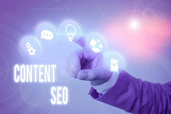 Schrijfbriefje met Content Seo. Zakelijke foto presentatie maken van webpagina-inhoud hoog in de zoekmachines te rangschikken. — Stockfoto