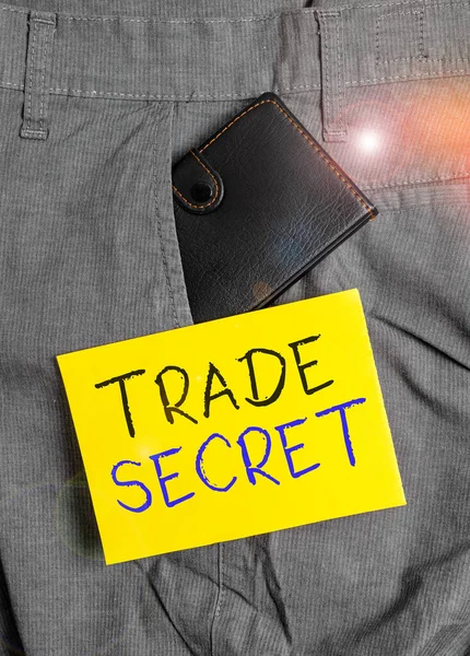Writing note showing Trade Secret. Business photo showcasing technique used by a company in manufacturing its products Small wallet inside trouser front pocket near notation paper.