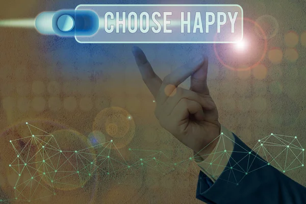 행복을 선택 한다는 것을 보여 주는 개념적 손쓰기. 자신을 위한 진정하고 지속적 인 행복을 만들어 낼 수있는 사업 사진 문자 능력. — 스톡 사진