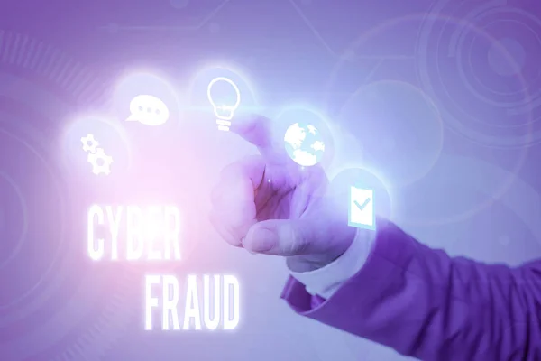Writing note showing Cyber Fraud. Business photo showcasing any crime that is committed with the use of a computer. — Stock Photo, Image
