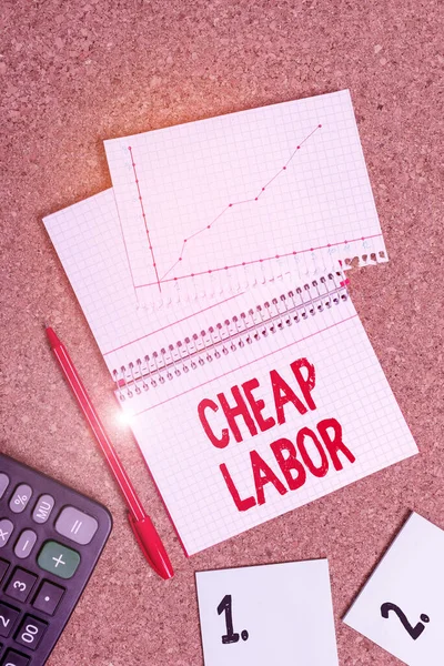 Word writing text Cheap Labor. Business concept for when a demonstrating works hard in bad conditions and very little money Desk notebook paper office cardboard paperboard study supplies table chart.