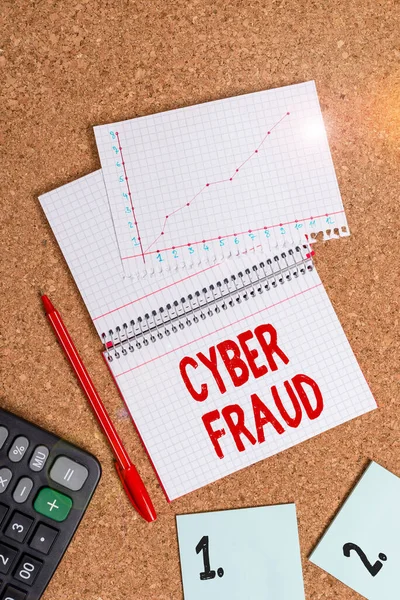 Word writing text Cyber Fraud. Business concept for any crime that is committed with the use of a computer Desk notebook paper office cardboard paperboard study supplies table chart. — 图库照片
