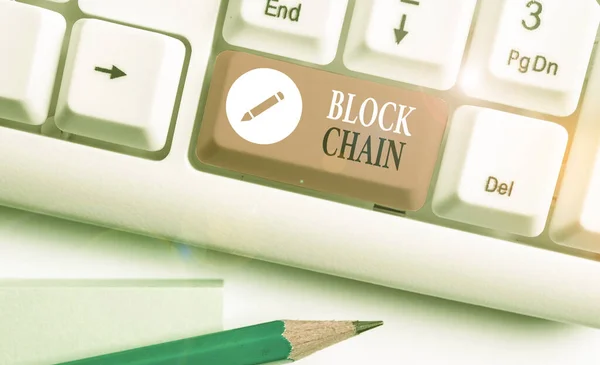 Handwriting text writing Block Chain. Concept meaning system in which a record of transactions made in bitcoin. — Stock Photo, Image