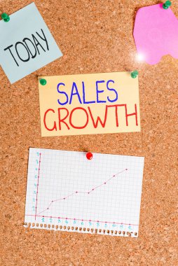 Satış artışını gösteren kavramsal el yazısı. İş fotoğraflama becerisi, belirli bir zaman diliminde gelirleri artırmak için mantar pano boyutunda kağıt raptiye bildirim panosu bildirim panosu.