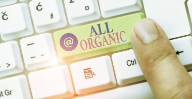 Tüm Organik 'i gösteren mesaj işareti. Sentetik böcek ilacıyla tedavi edilmemiş kavramsal fotoğraf gıdaları.