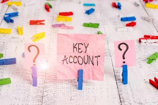 Handwriting text writing Key Account. Concept meaning individual approach of sales showing to their customers Scribbled and crumbling sheet with paper clips placed on the wooden table.