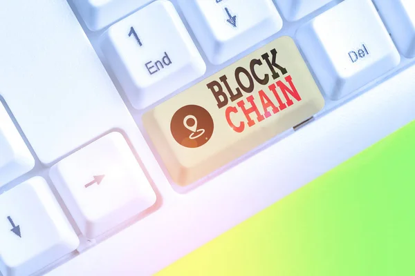 Handwriting text writing Block Chain. Concept meaning system in which a record of transactions made in bitcoin. — Stock Photo, Image