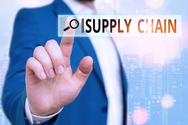 Teksten met Supply Chain erop. Conceptueel fotonetwerk tussen een bedrijf en leveranciers bij de productie van een product. — Stockfoto
