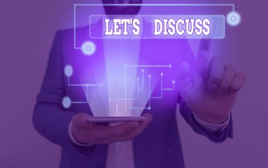 Writing note showing Lets Discuss. Business photo showcasing asking someone to talk about something with demonstrating or showing. clipart