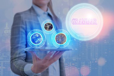 Gramer gösteren kavramsal el yazısı. NASA tarafından desteklenen bu görüntünün tüm sistem yapısı söz dizimi ve morfoloji elementlerini gösteren iş fotoğrafı.