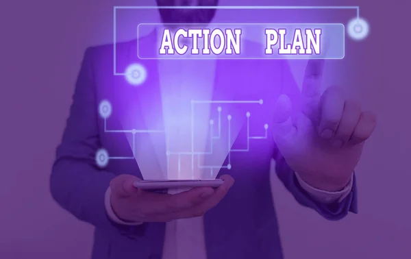 Nota scritta che mostra il piano d'azione. Foto aziendale che mostra la strategia o la linea d'azione proposta per un certo periodo di tempo . — Foto Stock