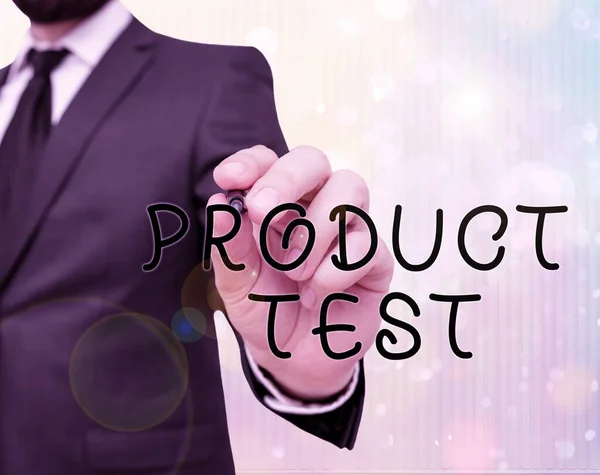 Textskylt som visar produkttest. Konceptuell fotoprocess för mätning av produkters egenskaper eller prestanda. — Stockfoto