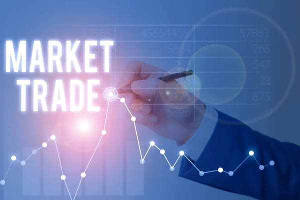 Εννοιολογική γραφή χέρι δείχνει το εμπόριο της αγοράς. Επιχειρησιακό φωτογραφικό κείμενο δράση της αγοράς ή της ανταλλαγής αγαθών και υπηρεσιών. — Φωτογραφία Αρχείου