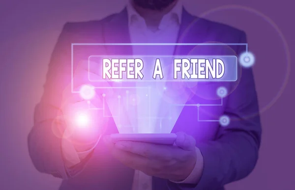 Word writing text Refer A Friend. Business concept for direct someone to another or send him something like gift. — Stock Photo, Image
