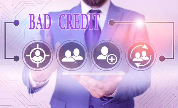 Conceptual hand writing showing Bad Credit. Business photo showcasing inability of a demonstrating or company to repay a debt on time. — Stock Photo, Image