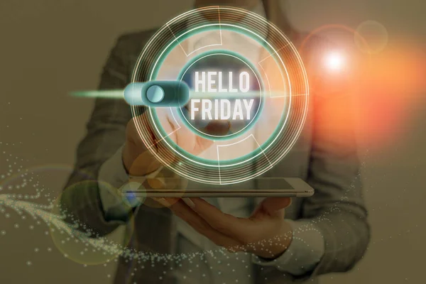 Escritura a mano conceptual mostrando Hello Friday. Exhibición de fotos de negocios utilizada para expresar la felicidad desde el comienzo de la semana fresca . — Foto de Stock