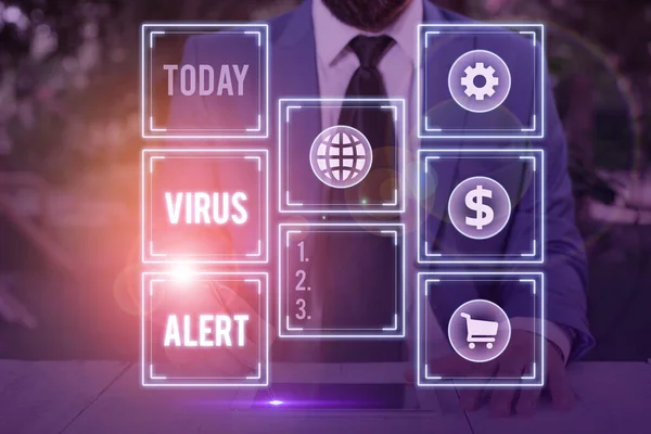 문자 바이러스 경보를 쓰는 단어. 존재하지 않는 컴퓨터 바이러스의 위협을 경고하는 메시지에 대한 사업 개념. — 스톡 사진