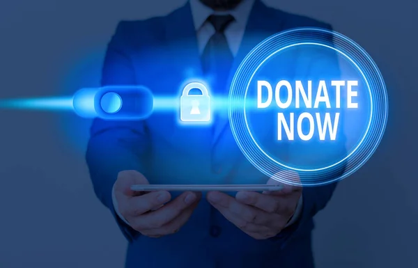 Signo de texto que muestra Donar ahora. Foto conceptual para dar algo como dinero o bienes a una organización benéfica o cualquier causa . —  Fotos de Stock