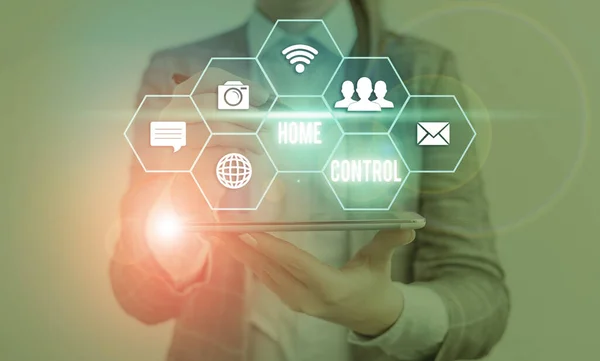 Nota di scrittura che mostra Home Control. La vetrina fotografica aziendale offre ai proprietari di abitazione comfort di sicurezza ed efficienza energetica . — Foto Stock