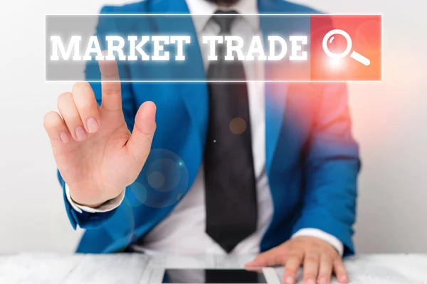 Psaní textu Market Trade. Pojem "akce" znamenající nákup nebo výměnu zboží a služeb. — Stock fotografie