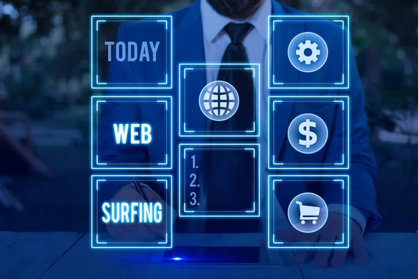 Texto para escrever palavras Web Surfing. Conceito de negócio para saltar ou navegar de página em página na página da internet . — Fotografia de Stock