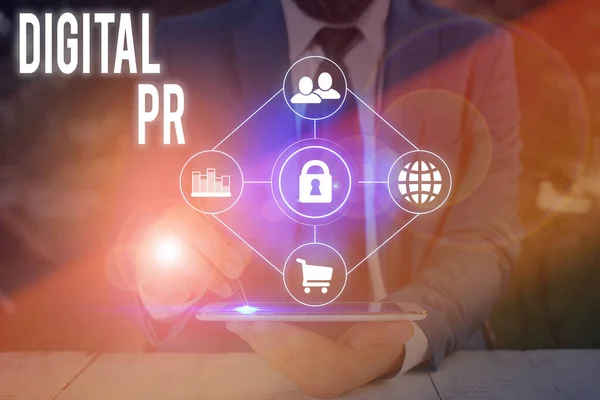 Tekstbord met Digital Pr. Conceptuele foto marketing strategie gebruikt om hun online aanwezigheid te verhogen. — Stockfoto