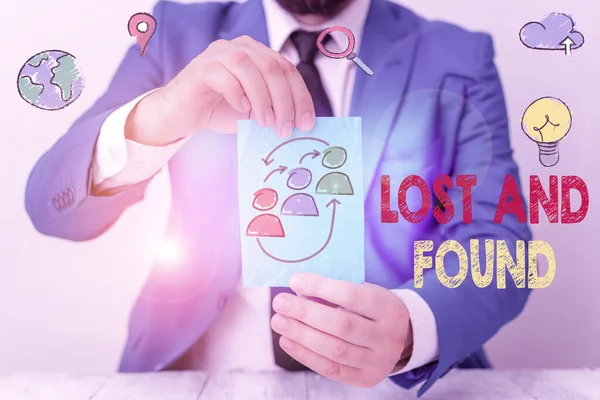 Word writing text Lost And Found. Business concept for a place where lost items are stored until they reclaimed. — Stock Photo, Image