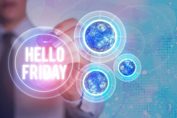 Текст письма Hello Friday. Бизнес-концепция для выражения счастья с начала следующей недели Элементы этого изображения предоставлены НАСА . — стоковое фото