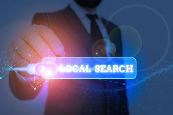 Tekst schrijven Lokale zoekopdracht. Bedrijfsconcept voor het doorzoeken van een gestructureerde database van lokale bedrijfsvermeldingen. — Stockfoto