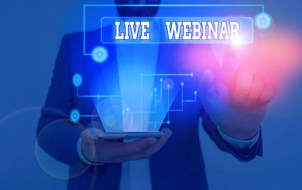Writing note showing Live Webinar. Business photo showcasing presentation lecture or seminar transmitted over Web. — Stock Photo, Image