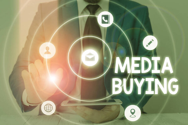 Word writing text Media Buying. Business concept for The buying of advertising space for the purpose of advertising.