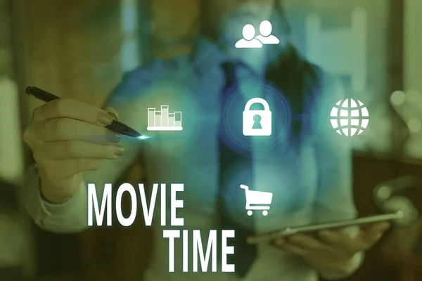 Text sign showing Movie Time. Conceptual photo the scheduled or actual time at which a show or film begins.