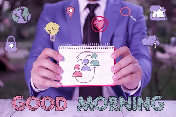 Escribiendo nota mostrando Buenos días. Foto de negocios mostrando expresando buenos deseos en la reunión o despedida durante la mañana . —  Fotos de Stock