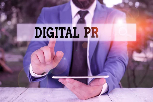 Writing note showing Digital Pr. Business photo showcasing marketing strategy used to increase their online presence.