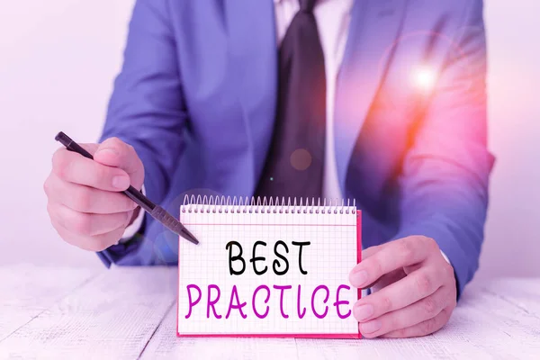 Handwriting text writing Best Practice. Concept meaning commercial procedures that are accepted prescribed being correct Man holds empty paper with copy space in front of him Space. — Stock Photo, Image