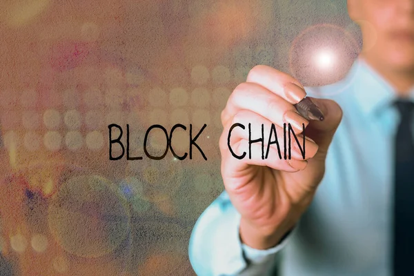 Word writing text Block Chain. Business concept for system in which a record of transactions made in bitcoin. — Stock Photo, Image