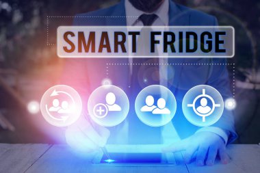 Handwriting text writing Smart Fridge. Concept meaning programmed to sense what kinds of products being stored inside.
