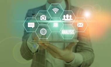 Writing note showing Job Analysis. Business photo showcasing process used to collect information about the scope and duties.