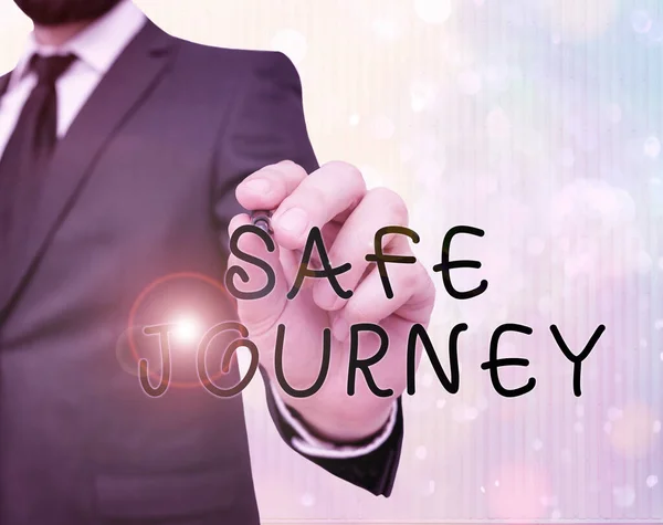 Znak tekstowy pokazujący bezpieczną podróż. Pojęcie zdjęcia uprzejmy sposób życzenia komuś bezpiecznej podróży lub bezpiecznej podróży. — Zdjęcie stockowe