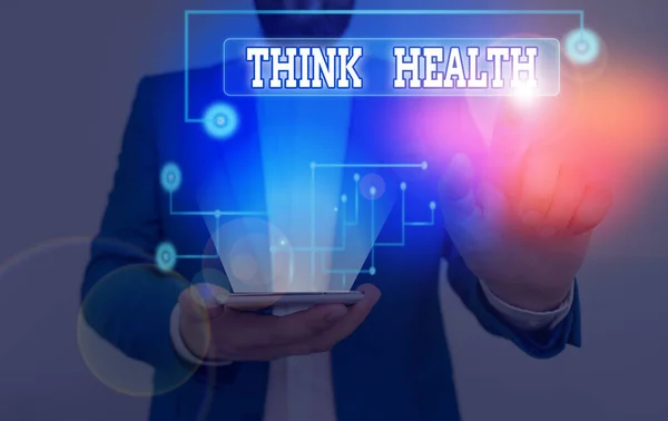 Schrijf notitie met think Health. Zakelijke fotopresentatie van de staat van de volledige fysieke mentale en sociale welzijn. — Stockfoto