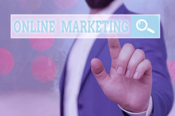 Segno di testo che mostra Online Marketing. Fotografie concettuali che sfruttano i canali basati sul web diffusi sul marchio aziendale . — Foto Stock