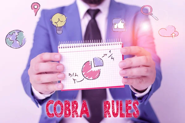 Texto de escritura de palabras Reglas de Cobra. Concepto de negocio para la cobertura continua del seguro de salud grupal después de una pérdida de empleo . — Foto de Stock