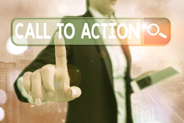 Escrevendo nota mostrando Call To Action. Foto de negócios mostrando exortação fazer algo, a fim de alcançar objetivo com problema . — Fotografia de Stock