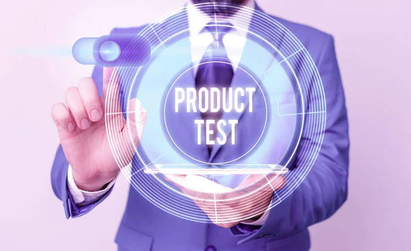 Escritura manual conceptual que muestra la prueba del producto. Foto de negocios mostrando el proceso de medición de las propiedades o el rendimiento de los productos . —  Fotos de Stock