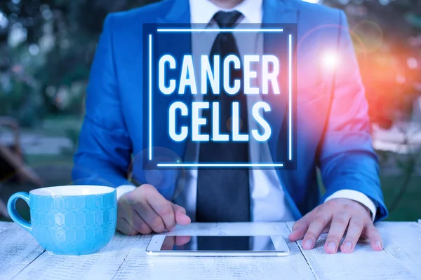 Writing note showing Cancer Cells. Business photo showcasing forming solid tumors or flooding the blood with abnormal cells Businessman with pointing finger in front of him. — Stock Photo, Image