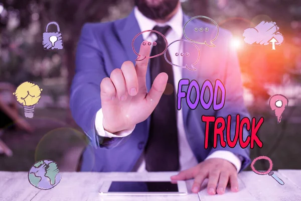 Handwriting text writing Food Truck. Concept meaning a large vehicle with facilities for cooking and selling food.